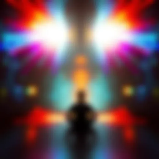 A person meditating in a dark room surrounded by flashes of light, with abstract shapes and faces appearing, creating a serene atmosphere.