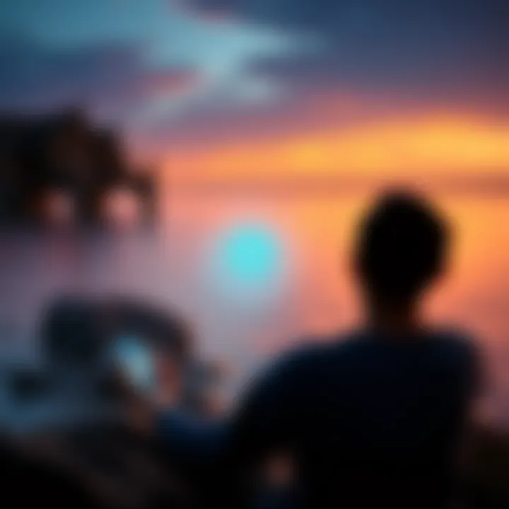 A person meditating with the Miracle of Mind app open on their phone, surrounded by a serene environment.