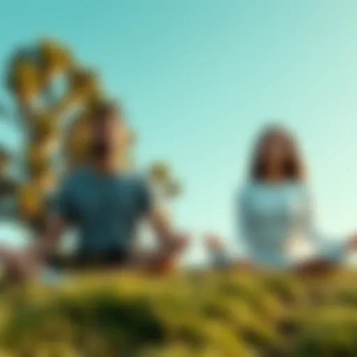 A man and a woman sitting cross-legged on a grassy hill, meditating with serene expressions, surrounded by trees and a clear sky.