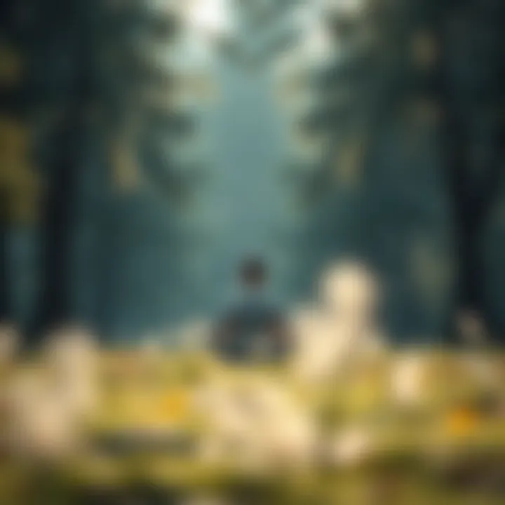 Meditation in Nature A serene figure meditating in a peaceful natural setting, surrounded by trees and soft light, symbolizing mindfulness and clarity.