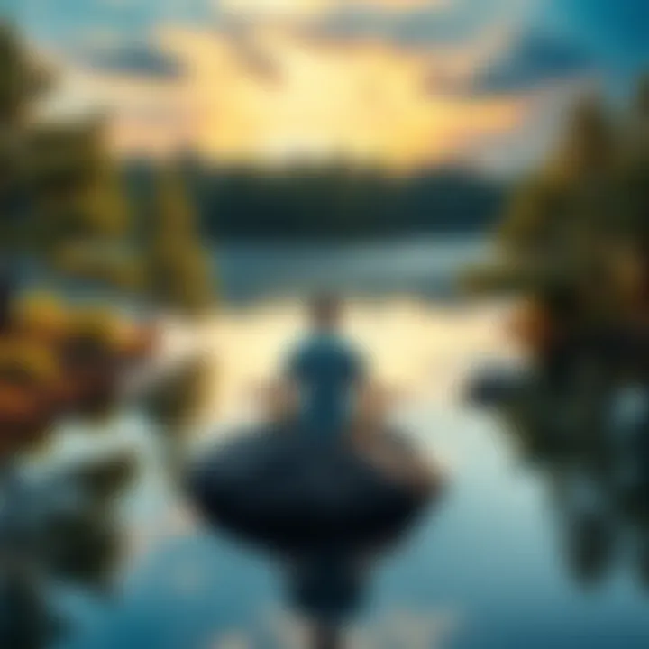 A person meditating peacefully on a rock surrounded by trees and a calm lake, reflecting the concept of no-self in Buddhism.
