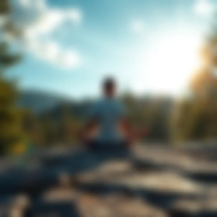 A person sitting cross-legged on a rocky surface, surrounded by trees and sunlight, practicing meditation peacefully.