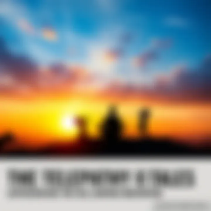 A serene landscape of a hill during sunset, with silhouettes of children playing and whispering, symbolizing telepathic connections while someone meditates nearby.