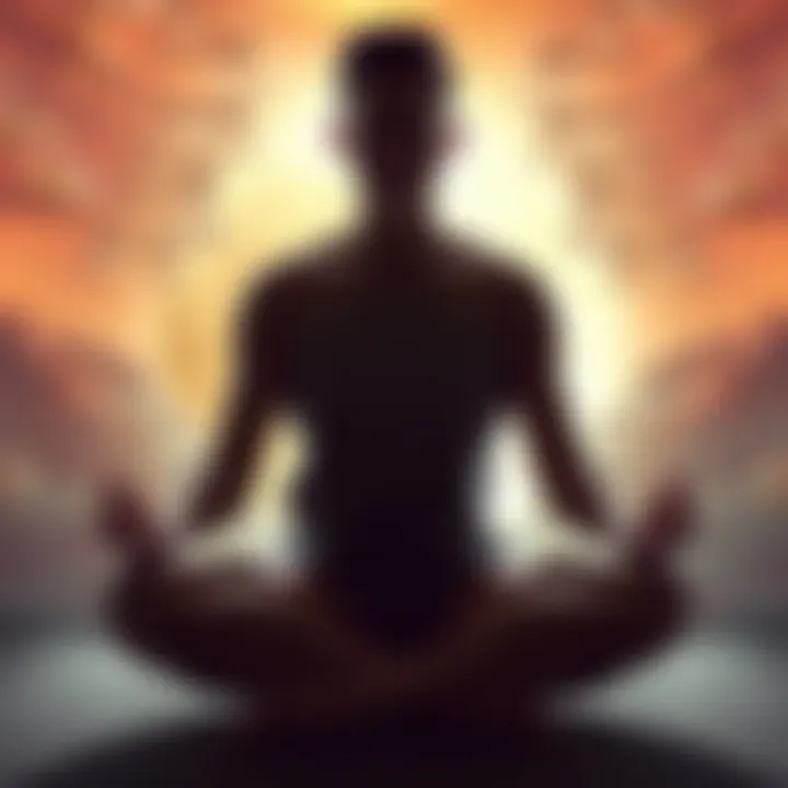 Person sitting cross-legged in meditation with a serene expression, surrounded by soft light and faint images representing past life memories, like ancient landscapes and figures.