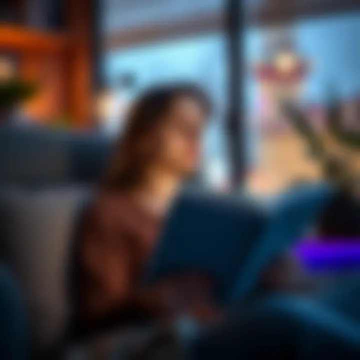 A person reading a PDF with meditation instructions, looking peaceful and focused