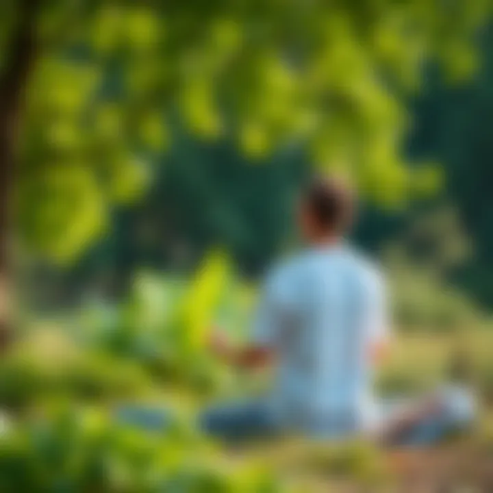 A person meditating outdoors, surrounded by nature, promoting relaxation and mindfulness.