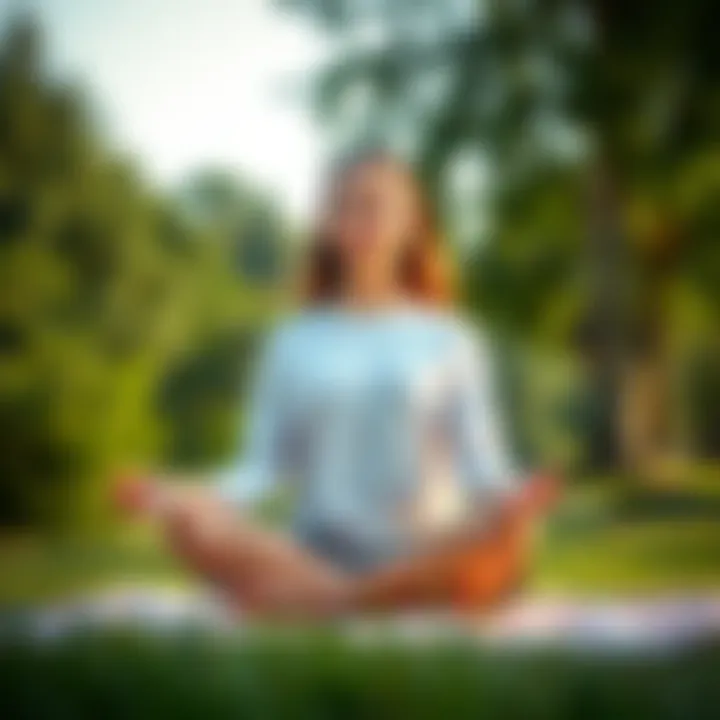 A person practicing meditation outdoors, sitting cross-legged with a serene expression, surrounded by nature.