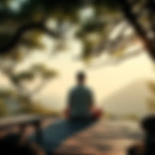 A person meditating in a serene environment surrounded by nature, representing the contrast between mindfulness and philosophical insight in Buddhism.