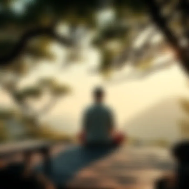 A person meditating in a serene environment surrounded by nature, representing the contrast between mindfulness and philosophical insight in Buddhism.