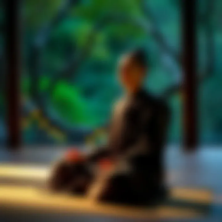 A new Buddhist practitioner sitting cross-legged in a serene environment, reflecting on their meditation journey with a peaceful expression.