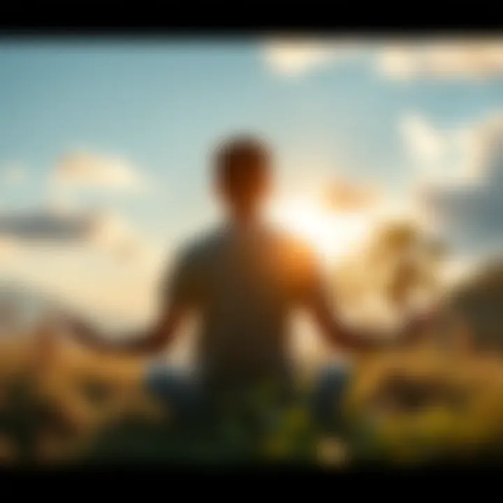 A peaceful scene of a person meditating in a tranquil environment, surrounded by nature, expressing calmness and inner peace.