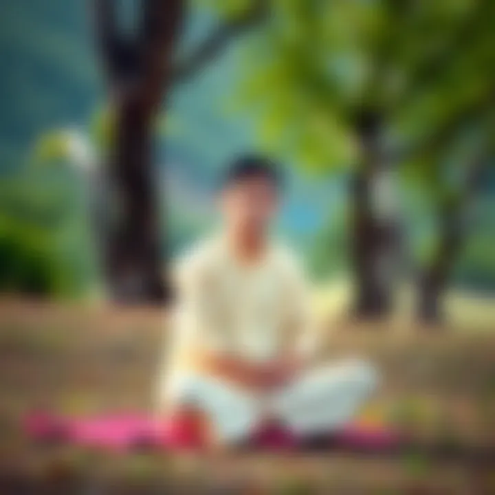 A person sitting cross-legged, practicing Vipassana meditation in a serene outdoor setting, looking calm and focused, depicting mindfulness.