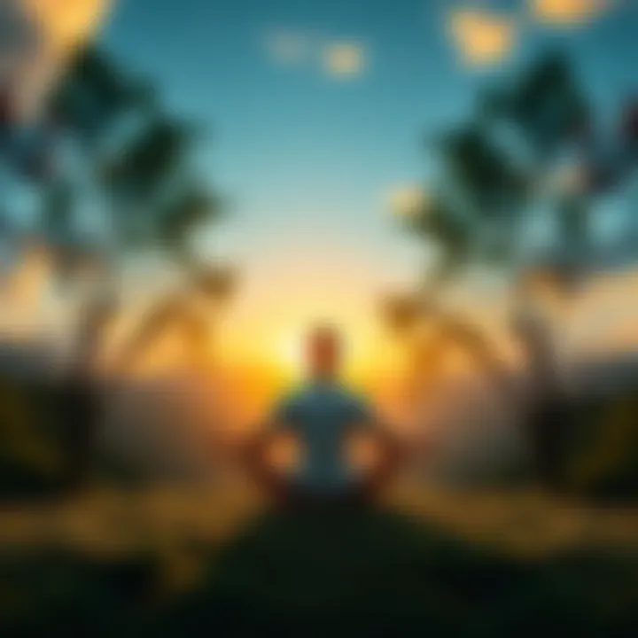 A person sitting cross-legged in a peaceful setting, surrounded by nature, practicing meditation and focusing on their breath.