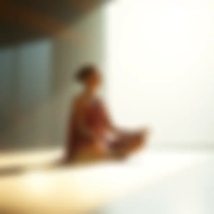 A person meditating in a serene environment, transitioning from deep focus to clear awareness, surrounded by soft light.