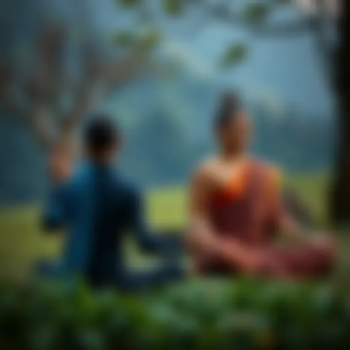 Two people meditating, one focused on samatha and the other on vipassana, in a serene outdoor setting.