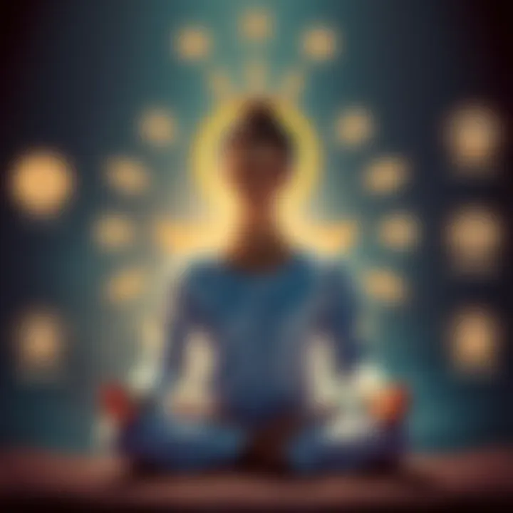 A person meditating with a serene expression, surrounded by symbols representing Atmakriyayoga and Kriya.org, illustrating the spiritual journey.
