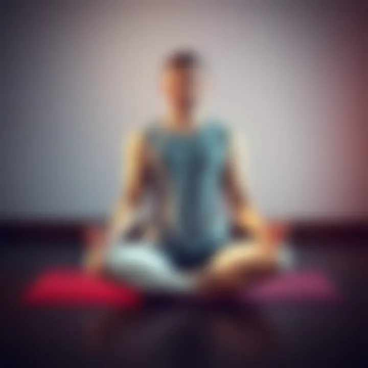 Person sitting cross-legged on a mat during meditation, showing slight involuntary muscle movements in their arms and legs, with a calm expression.