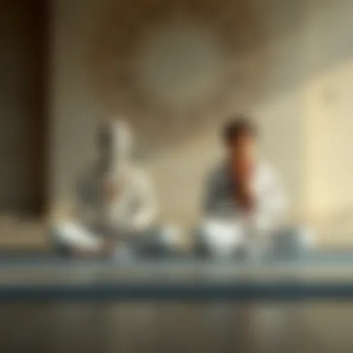 A Vipassana and an Isha meditation practitioner sitting cross-legged on the floor in a peaceful setting, focusing on their breathing.