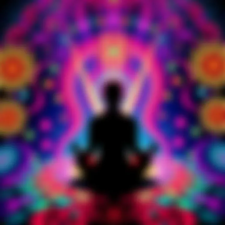 A person meditating surrounded by colorful psychedelic patterns and light, symbolizing consciousness and enlightenment.