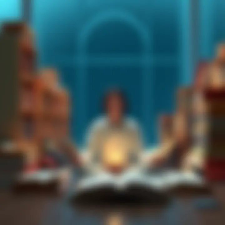 A peaceful scene of a person meditating while surrounded by books, emphasizing mindfulness and personal growth.