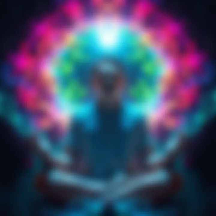 A person meditating with a serene expression, surrounded by glowing colors representing different realities.