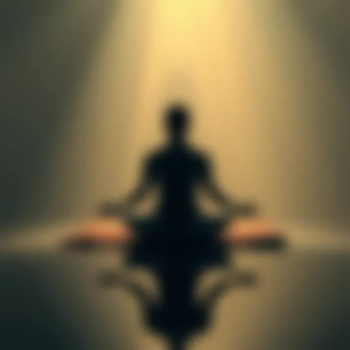 A person sitting cross-legged in a peaceful setting, surrounded by soft light, with a faint silhouette of Anubis in the background, symbolizing spiritual guidance during meditation.