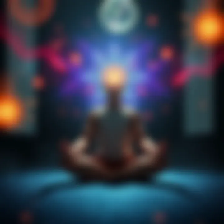 A person meditating with a glowing aura, surrounded by abstract shapes representing flashes and unknown objects, suggesting remote viewing experiences.