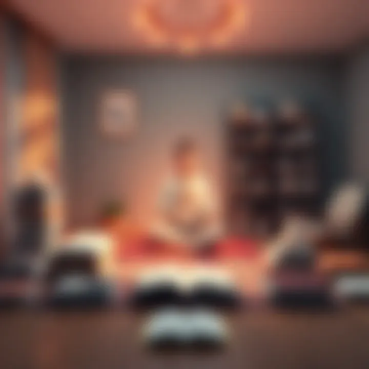 A peaceful setting with a person meditating, surrounded by books and mindfulness tools, showcasing resources for meditation practice.