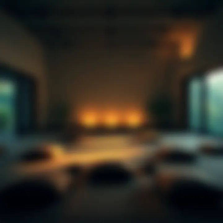 A peaceful meditation room with cushions and a serene atmosphere, reflecting the journey of Vipassana practice.