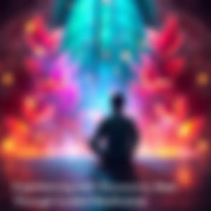 Person meditating and seeing their ideal self A person sitting in meditation surrounded by vibrant colors, envisioning their ideal self standing nearby with encouraging energy.