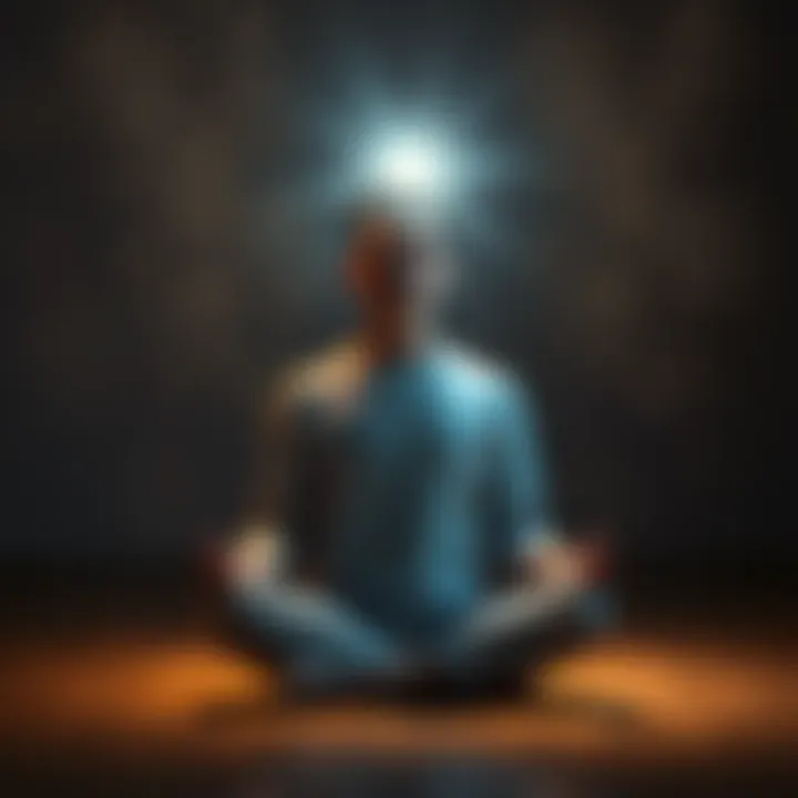 A person sitting cross-legged in meditation with a serene expression, surrounded by a soft glow, suggesting feelings of pressure and presence, with a focus on the forehead area.