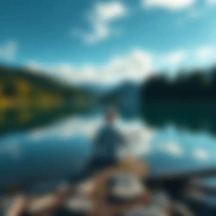 A person sitting cross-legged by a calm lake, surrounded by trees and nature, reflecting during meditation.