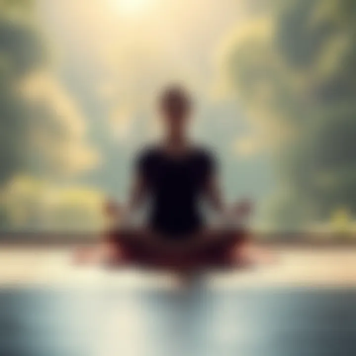A person sitting cross-legged in a serene setting, meditating quietly with closed eyes, creating a peaceful atmosphere.