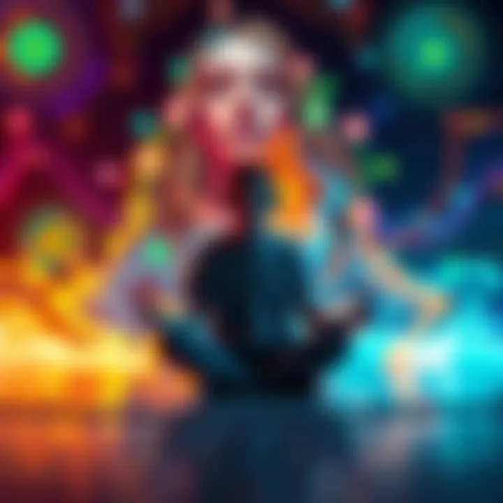 A person sitting cross-legged with headphones, surrounded by colorful, swirling images representing their vivid thoughts during meditation.