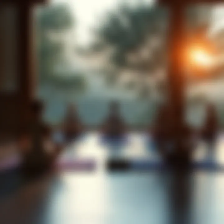 A peaceful group meditation scene with people practicing Shinzen's UM System in a serene environment