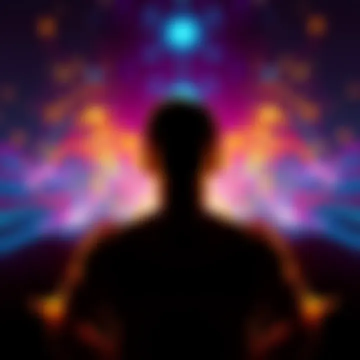 A person meditating with a glowing sign appearing above their head during a deep focus session.