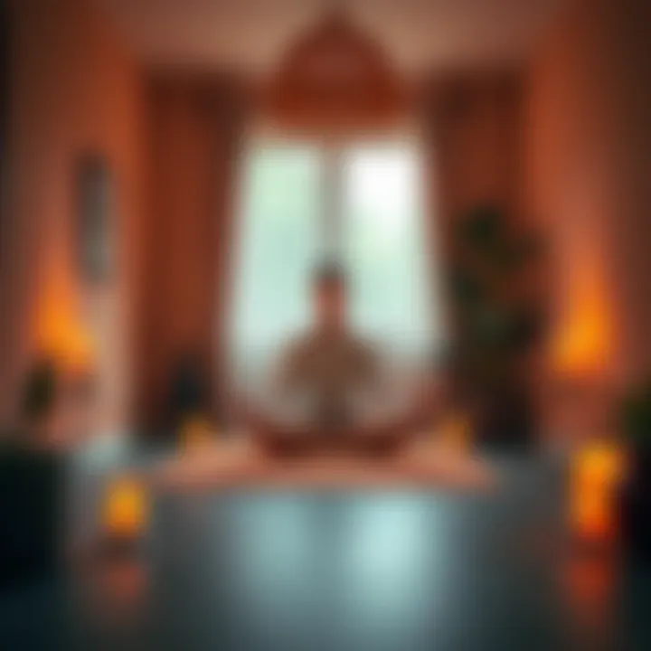 Meditation in a small room A person sitting cross-legged on a mat in a small room, surrounded by candles and plants, meditating peacefully.