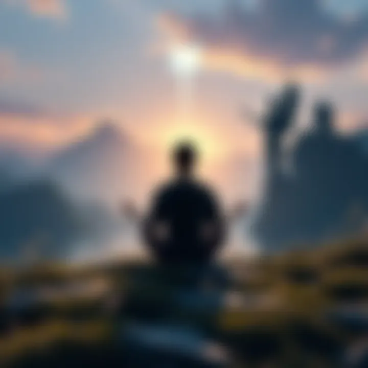Person meditating in nature with a spirit guide silhouette nearby, showing a serene atmosphere
