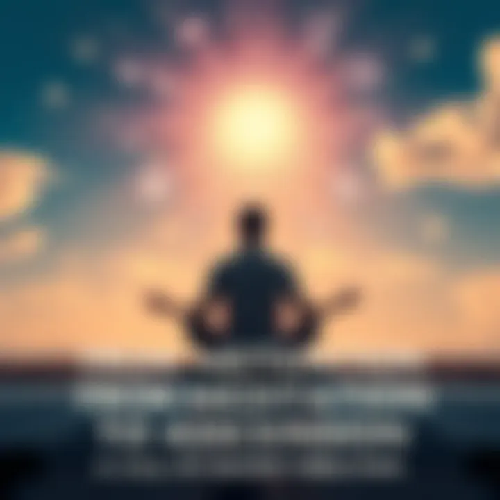 A serene person meditating in a peaceful environment, surrounded by gentle light and floating symbols representing higher consciousness