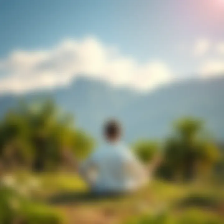 A person meditating outdoors, surrounded by nature, reflecting on past actions and seeking spiritual progress
