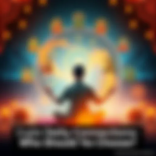 A person sitting cross-legged in meditation surrounded by symbols representing various deities