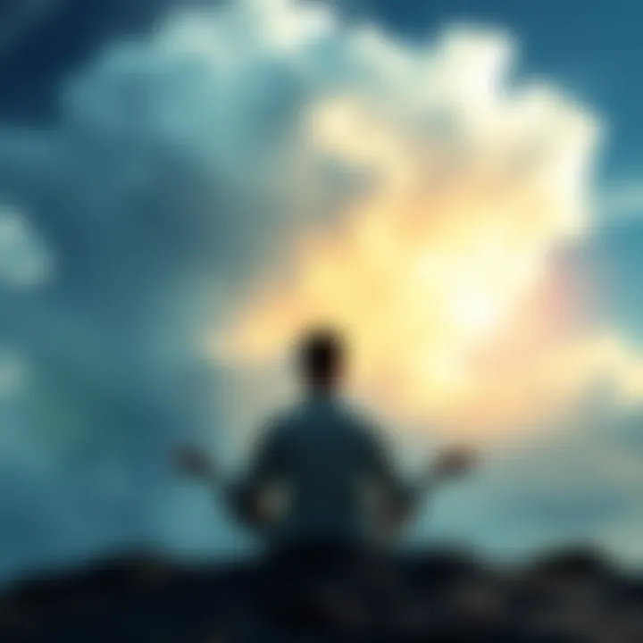A person meditating with a vision of a storm and clear skies in the background, symbolizing challenges and hope.