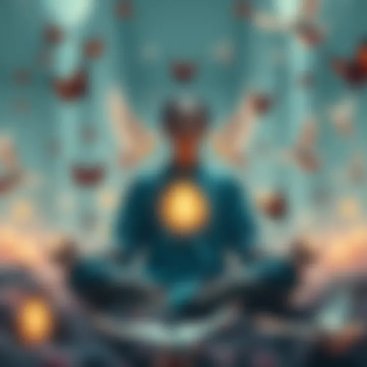 A person meditating with surrounding symbols of spirituality and good luck, such as butterflies and doves.