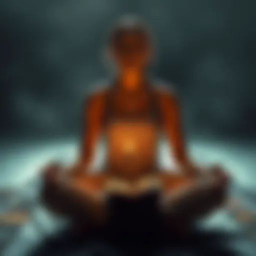 A person sitting cross-legged on the floor, surrounded by tarot cards, with a serene expression and gentle light illuminating their face.