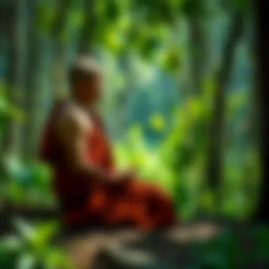 Meditation in Thai Forest Tradition A serene scene of a monk practicing Anapanasati meditation in a lush Thai forest, focusing on breath awareness, surrounded by nature.