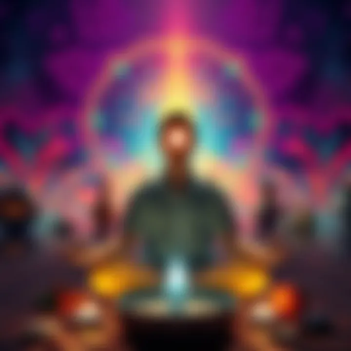 A person meditating with a glowing third eye, surrounded by vibrant colors and energy food items.