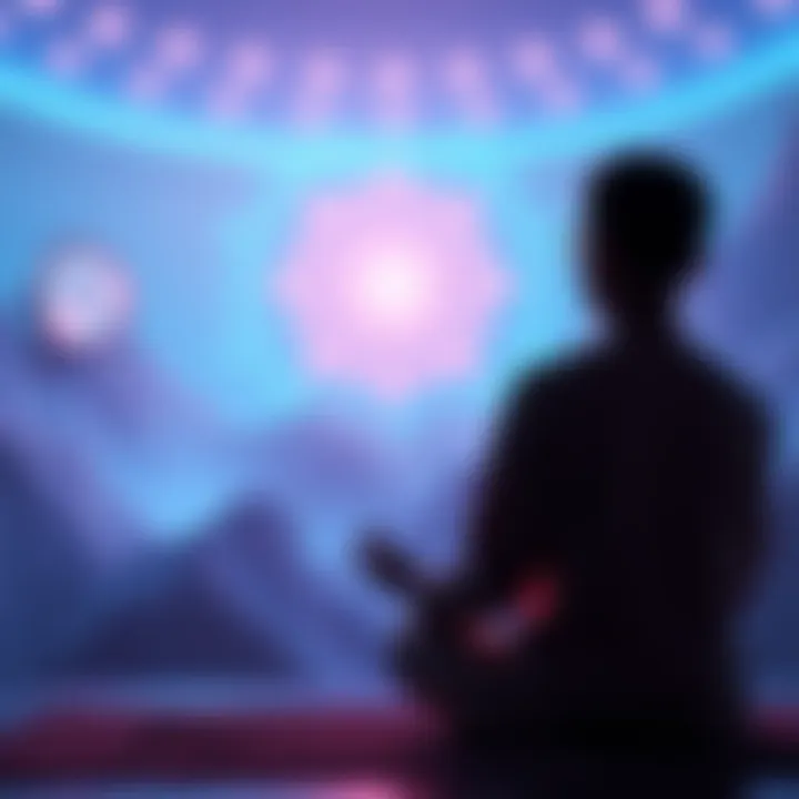 A person meditating with a soft glow around them, appearing to observe themselves from a distance.