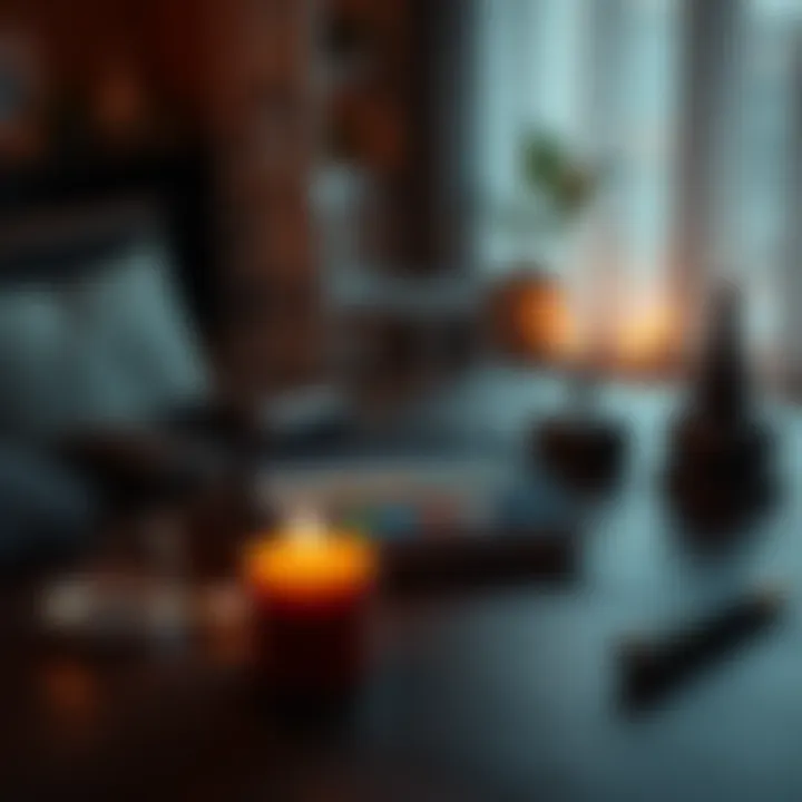 A cozy setup with meditation apps on a tablet, incense, and calming music playing in the background.
