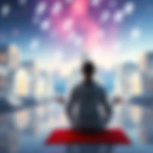 A serene scene showing a person meditating while surrounded by bright white buildings and floating numbers, expressing gratitude to the Universe.