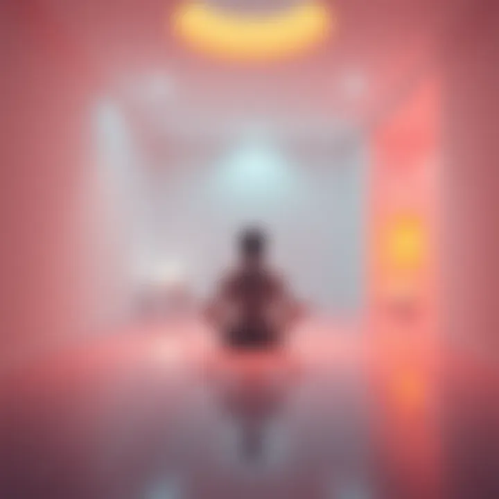 Person meditating in a serene space A person sitting cross-legged in a calm environment, surrounded by soft lighting and minimal decor, embodying the void state experience